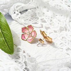 304ステンレススチールエナメルスタッドピアス  プラスチック模造パールと  花  18KGP本金メッキ  20x21mm&nbsp;EJEW-Z081-04G