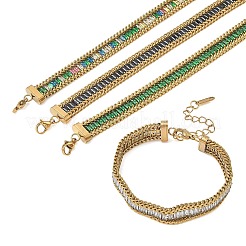 304ステンレススチールとガラス製のウィートチェーンの二重構造ブレスレット（女性用）  長方形  18KGP本金メッキ  イオンプレーティング（ip）  長持ちメッキ  ミックスカラー  6.77インチ（17.2cm）&nbsp;BJEW-F540-08G