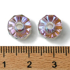 透明な電気メッキガラスビーズ  大穴ビーズ  半分虹メッキ  フラットラウンド  ミディアム蘭  9.5x6mm  穴：3mm&nbsp;GLAA-K064-10A-HR01