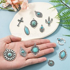 20pcs10スタイルチベットスタイルアロイペンダント  樹脂模造ターコイズビーズ  混合図形  アンティークシルバー  18~37x13~30x3~6.5mm  穴：1.5~2mm  2個/スタイル&nbsp;FIND-YW0005-61