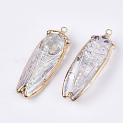 電気メッキガラスビッグペンダント  鉄パーツ  ABカラー  蝉  ゴールドカラー  クリアAB  53~55x18~19x13mm  穴：2.5mm&nbsp;G-S344-49