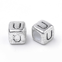 メッキアクリルビーズ  水平穴  文字付きのキューブ  アンティークシルバー  文字.u  6mm  穴：3mm  約3000個/500g&nbsp;PB43C9308-U