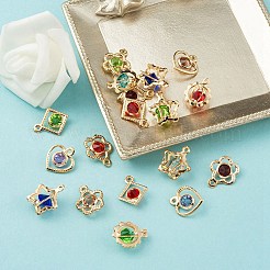 50 個 5 スタイルラックメッキアイアンチャーム  ラインストーン付き  ハート＆フラワー＆ひし形＆ラウンド  カドミウムフリー＆ニッケルフリー＆鉛フリー  ライトゴールド  ミックスカラー  15~16.5x12~14x5~10mm  穴：1.2~1.5mm  10個/スタイル&nbsp;FIND-YW0003-88