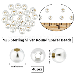 40 個 925 スターリングシルバービーズ  シームレスなラウンド  銀  4mm  穴：1~1.3mm&nbsp;STER-BBC0005-99