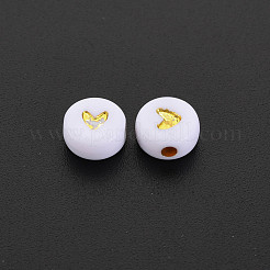 メッキアクリルビーズ  ライン入り  ハート付きフラットラウンド  黄金メッキ  6.5~7x3.7mm  穴：1.8mm  約3650個/500g&nbsp;PACR-R242-01