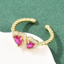 女性用真鍮マイクロパヴェキュービックジルコニアカフオープンリング  ハート  ラックめっき  長持ちメッキ  カドミウムフリー＆鉛フリー  18KGP本金メッキ  ミックスカラー  usサイズ7 1/4(17.5mm)&nbsp;RJEW-C153-04G