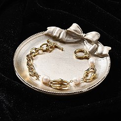 ステンレススチールアズキチェーンリンクブレスレット  女性用パールビーズジュエリー  18KGP本金メッキ  7-1/4インチ（18.5cm）&nbsp;BJEW-F485-02G