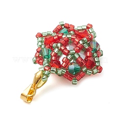 クリスマスガラスラインストーン＆シードビーズペンダント  真鍮パーツ  花  ゴールドカラー  レッド  36.5x24x7mm  穴：3.5x4mm&nbsp;PALLOY-MZ00252