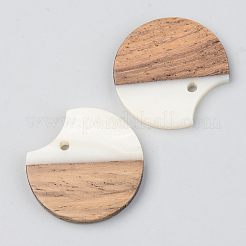 不透明な樹脂とクルミ材のペンダント  ギャップフラットラウンド  フローラルホワイト  23x24.5x3mm  穴：2mm&nbsp;RESI-S389-038A-C04