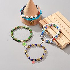 6 スタイルの天然混合宝石 & パール & ガラス ビーズ ストレッチ ブレスレット セット 6 個  304ステンレススチールのシェル＆クローバー＆ハートチャームの重ね付け可能な女性用ブレスレット  ミックスカラー  内径：2-1/8インチ（5.3cm）  1個/スタイル&nbsp;BJEW-JB08876