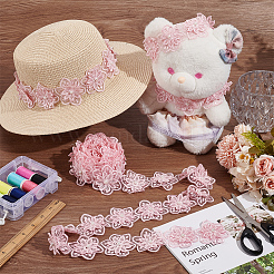 樹脂イミテーションパールビーズ付きオーガンジーレーストリム  衣類用アクセサリー  花  ピンク  2-3/8インチ（60mm）&nbsp;OCOR-WH0085-53A