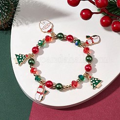 合金エナメルサンタクロースクリスマスツリーチャームブレスレット  電気メッキガラスビーズストレッチブレスレット、女性用、男性用  ライトゴールド  内径：2-1/4インチ（5.65cm）&nbsp;X1-BJEW-TA00465