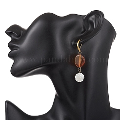 フラワーシェルとアクリルのフレンチフックピアス  真鍮製のピアスフック付き  ゴールドカラー  55x13mm&nbsp;EJEW-JE06847