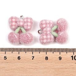 不透明樹脂のペンダント  チェリーとタータンチェックのリボンチャーム、プラチナの鉄製ループ付き  インディアンレッド  22x18.5x7mm  穴：2mm&nbsp;RESI-P053-02P