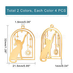 8個2色201ステンレスペンダント  レーザー切断  猫と鳥かご  ゴールデン·ステンレス鋼色  32x21.5x1mm  穴：1.6mm  4個/カラー&nbsp;STAS-DC0005-12