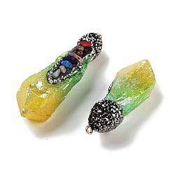 電気メッキされた天然水晶の大きなペンダント  スプレー塗装されたチャクラナゲットチャーム、鉄のラインストーン留め具付き  きいろ  48~66.5x18~19x12~16mm  穴：2mm&nbsp;G-B077-04A-03
