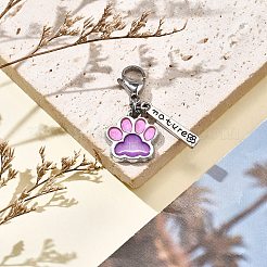 犬の足跡合金エナメルペンダント装飾  316 外科用ステンレススチール製ロブスター クロー クラスプ チャーム バッグ飾り用  紫色のメディア  40mm&nbsp;HJEW-JM02495-02