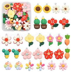 28個14スタイル不透明樹脂ペンダント  プラチナアイアンループ付き  植物のチャーム  花とサボテンとニンジン  混合図形  ミックスカラー  25~32x15~24x4~7mm  穴：2mm  2個/スタイル&nbsp;RESI-CJ0002-54
