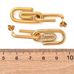 304ステンレススチール製ペーパークリップダングルスタッドピアス  ラインストーン付き  ゴールドカラー  42.5x12.5mm&nbsp;EJEW-S279-03G