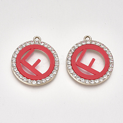 アクリルパーツ  クリスタルラインストーンと合金のパーツ  アルファベット付きフラットラウンド  ライトゴールド  レッド  文字.f  28x25x3mm  穴：2mm&nbsp;PALLOY-T070-26D-F