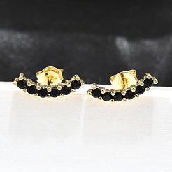 ブラック キュービックジルコニア カーブバー スタッド ピアス  女性のための真鍮のアクセサリー  カドミウムフリー＆ニッケルフリー＆鉛フリー  18KGP本金メッキ  4x13.5mm  ピン：0.7mm&nbsp;EJEW-G297-14G