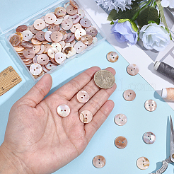 100個の天然貝ボタン  服装アクセサリー  2穴  フラットラウンド  キャメル  15~15.5x2mm  穴：1.8mm&nbsp;BUTT-ME0001-24B
