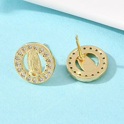 真鍮マイクロパヴェクリアキュービックジルコニア聖母マリアスタッドピアス  長持ちするプレート  ラックめっき  鉛フリー＆カドミウムフリー  18KGP本金メッキ  ラウンド  12.5mm&nbsp;EJEW-F400-23A-G