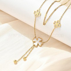 304ステンレススチールシェルパールクローバーペンダントダブルレイヤーネックレスレディース  ホワイト  ゴールドカラー  14.57インチ（37cm）&nbsp;NJEW-U036-01G