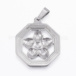 変色しない304ステンレススチールペンダント  花と八角形  ステンレス鋼色  29.5x25.5x3mm  穴：3.5x8mm&nbsp;STAS-K162-116P