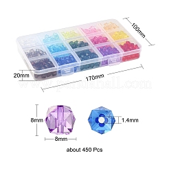 450個15色透明アクリルビーズ  多面カット  キューブ  ミックスカラー  8x8x7.5mm  穴：1.4mm  約30PCS /カラー&nbsp;TACR-YW0001-56