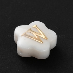 ナチュラルホワイトシェルフラワービーズ  金エナメル文字ビーズ  文字W  8x4.5mm  穴：0.8mm&nbsp;BSHE-WH0020-01W