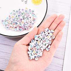 白い不透明なアクリルビーズ  ハート＆フラワー＆ムーン＆スターのフラットラウンド  ファイヤーブリック  7x4mm  穴：1.6mm  200個/セット&nbsp;MACR-YW0001-19D