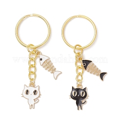 合金エナメルペンダントキーホルダー2個  鉄のスプリットキーリング付き  魚の骨が付いた猫の形  ゴールドカラー  ミックスカラー  70mm&nbsp;KEYC-JKC01282