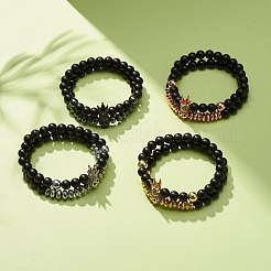 2 個 2 スタイル合成ヘマタイト & 黒石 & 天然黒曜石ストレッチ ブレスレット セット キュービック ジルコニア スカル  女性のためのアクセサリー用原石のアクセサリー  ミックスカラー  内径：2-3/8インチ（6cm）  1個/スタイル&nbsp;BJEW-JB08120