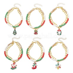 クリスマス合金エナメルマルチ連ブレスレット（女性用、6個、6スタイル）  シードビーズと亜鉛合金のロブスタークロウ留め具付き  ミックスカラー  7-5/8~7-3/4インチ（19.4~19.6cm）  1個/スタイル&nbsp;BJEW-JB12078