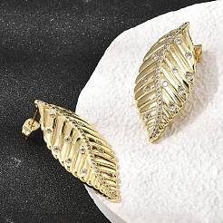 葉っぱ模様の真鍮製クリアキュービックジルコニアスタッドピアス（女性用）  ゴールドカラー  39.5x19mm&nbsp;EJEW-A162-05G
