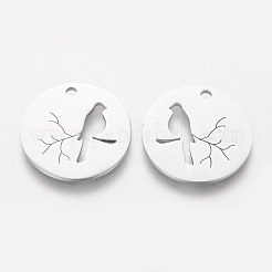 変色しない304ステンレススチールペンダント  鳥とフラットラウンド  ステンレス鋼色  20x1.1mm  穴：1.5mm&nbsp;STAS-Q201-T403
