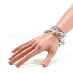 女性用5ループナチュラルアクアマリンチップビーズラップブレスレット  スチール形状記憶ワイヤーブレスレット  プラチナ  内径：2-1/8インチ（5.45cm）&nbsp;BJEW-JB01517-03