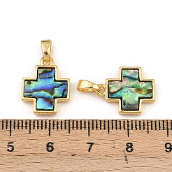 ラックメッキ真鍮天然パウア貝ペンダント  クロス  ゴールドカラー  15.5x12.5x3mm  穴：5mm&nbsp;KK-U025-03G-02-1
