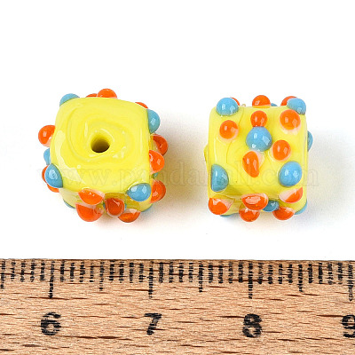 手作りランプワークビーズ  凹凸のある立方体  きいろ  12.5~14.5x12.5~14.5x9.5~11.5mm  穴：1.2~1.8mm&nbsp;LAMP-N038-04G-1