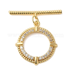 Brass Micro Pave Clear Cubic Zirconia Toggle Clasps, Cadmium Free & Nickel Free & Lead Free, Ring, Real 18K Gold Plated, 27mm, Bar: 25x4x2mm, Hole: 1mm; Ring: 21.5x19.5x2mm, Hole: 1.2mm