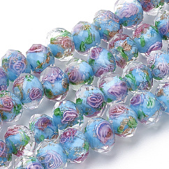 Handmade Gold Sand Lampwork Beads Strands, Inner Flower, Faceted Rondelle, Deep Sky Blue, 8x6mm, Hole: 1mm, about 70pcs/strand, 17.3 inch
