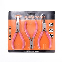 45# Steel Jewelry Plier Sets, Including Wire Round Nose Plier, Cutter Plier and Side Cutting Plier, Pink, 11.7x8x0.9cm, 11.7x7.5x1cm, 10.7x7x0.85cm, 3pcs/set
