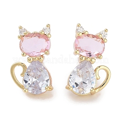 Cat Shape Brass Micro Pave Cubic Zirconia Stud Earrings for Women&nbsp;EJEW-E310-03G