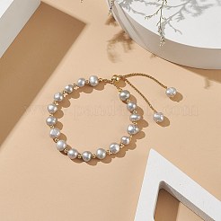 Dyed Natural Pearl & Brass Round Beaded Slider Bracelet&nbsp;BJEW-JB09008-01
