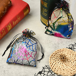 Halloween Theme Spider Printed Organza Drawstring Bags&nbsp;ABAG-WH20021-006F