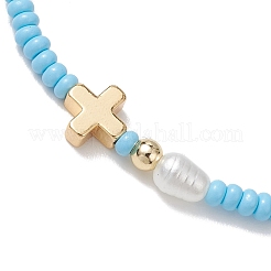 7Pcs Glass Seed Bead Stretch Bracelets with Brass Cross & Imitation Pearl&nbsp;BJEW-MZ00299