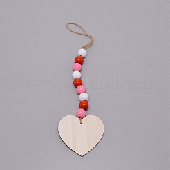 Valentine's Day Theme Schima Wood Beads & Hemp Rope Pendants Decorations&nbsp;HJEW-TAC0012-15