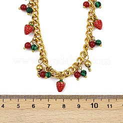 Natural Carnelian and Synthetic Malachite Round Beads and Red Strawberry Tassel 304 Stainless Steel Twisted Chain Necklaces&nbsp;NJEW-C092-03G