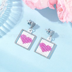 Handmade Glass Seed Beaded Square with Heart Dangle Stud Earrings&nbsp;EJEW-MZ00559